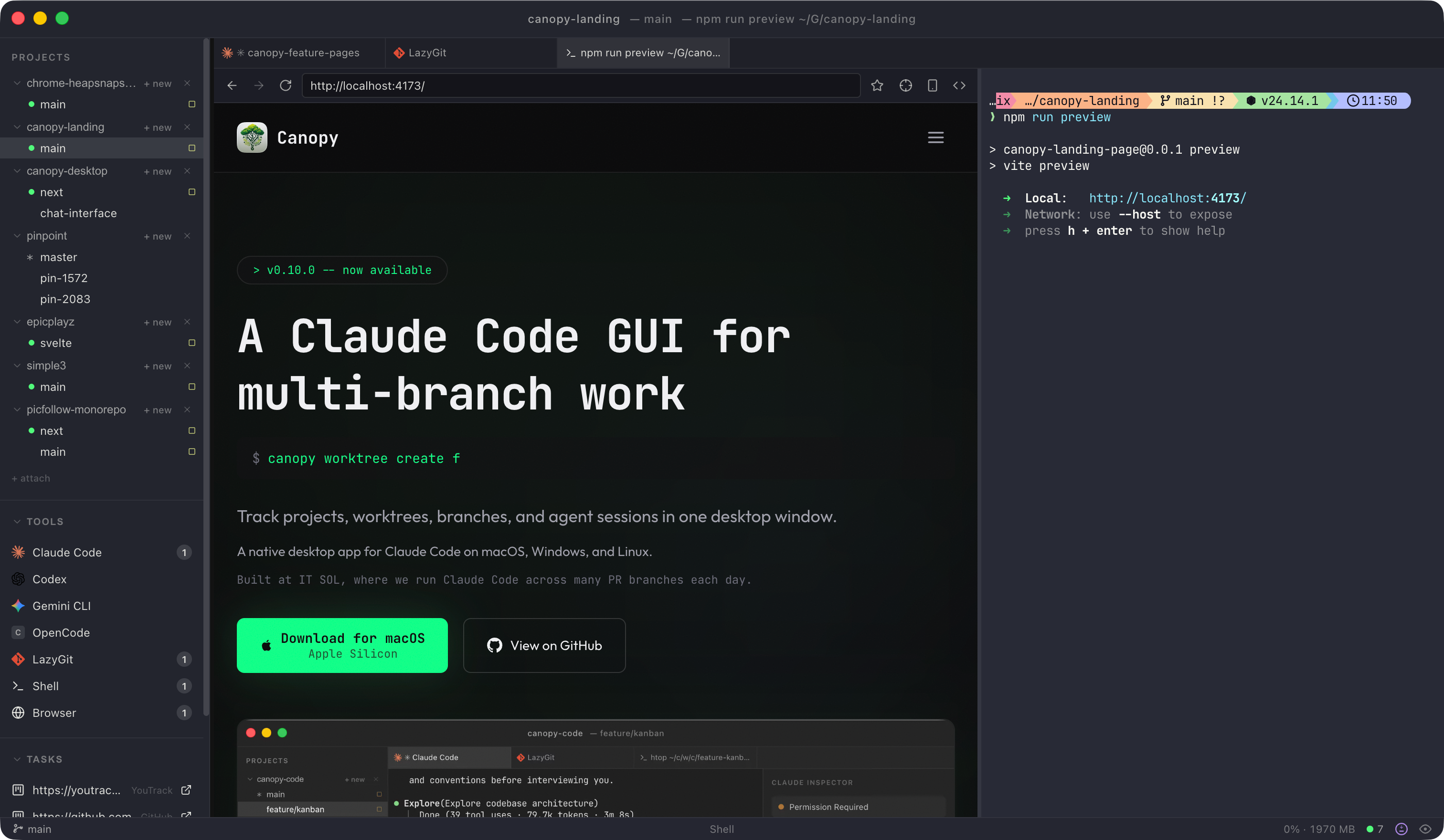 Canopy browser tab showing a web page with device emulation and favorites
