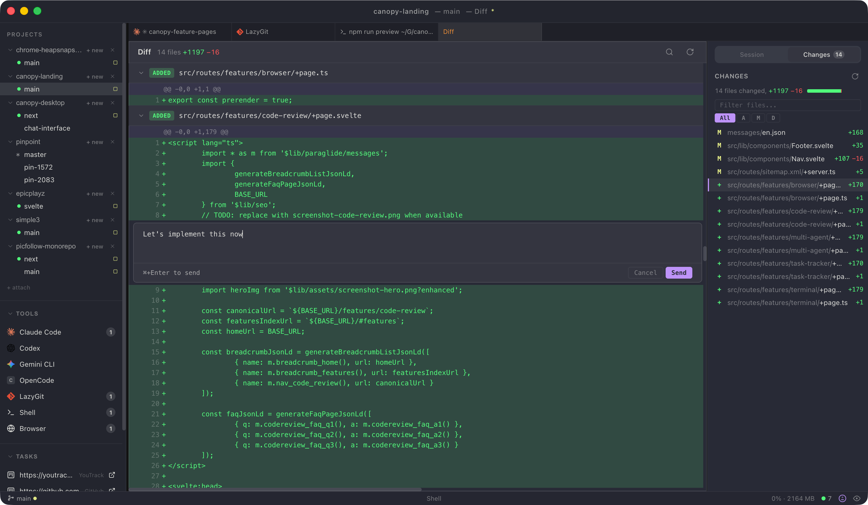 Canopy diff panel showing local changes with a comment being sent to Claude Code