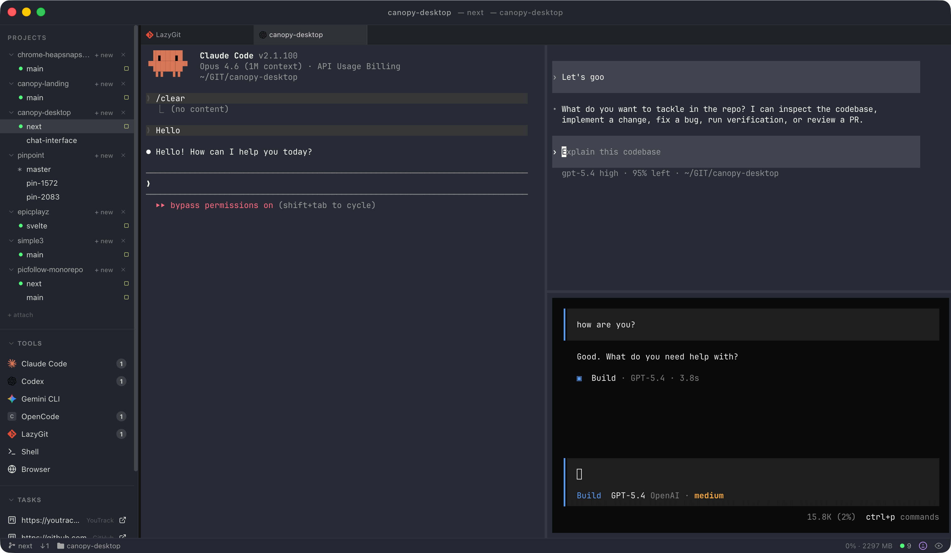 Canopy workspace with three parallel Claude Code sessions across different worktrees
