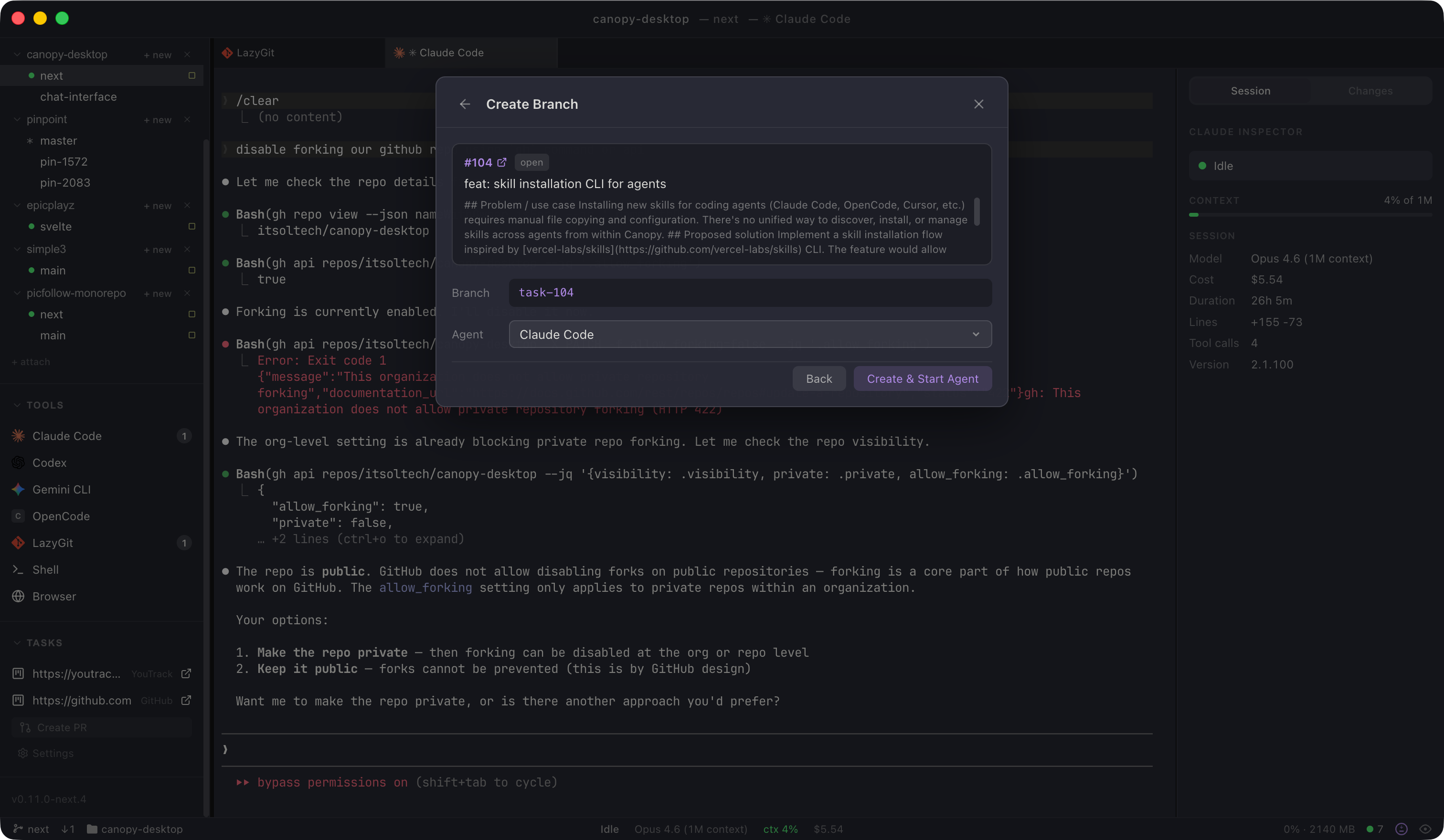 Canopy task picker with branch creation dialog open for a Jira task