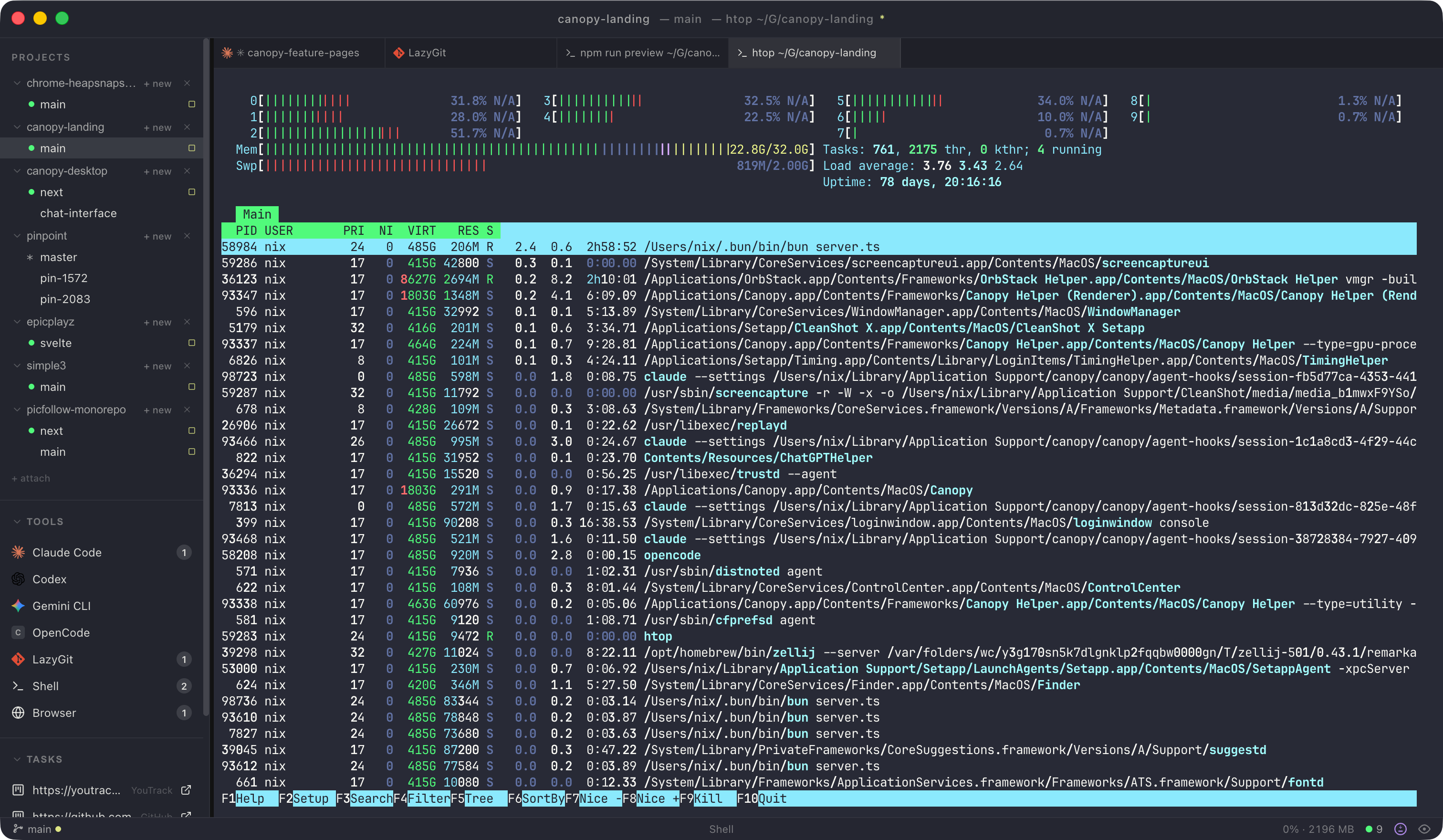 Canopy terminal showing split panes with WebGL rendering