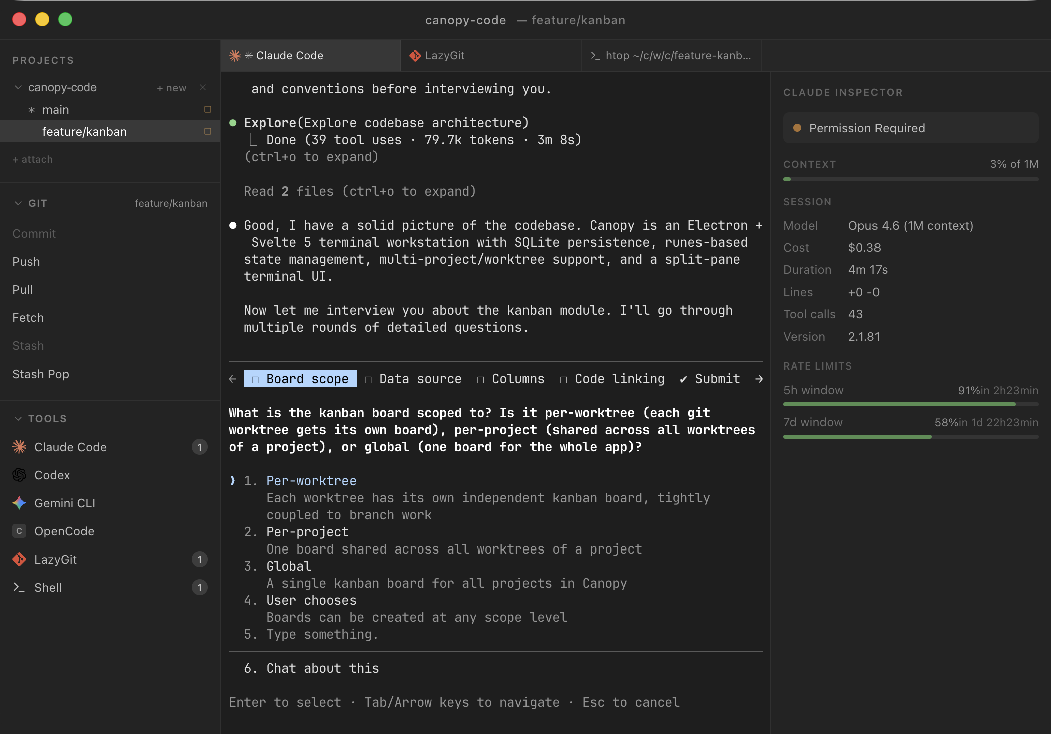 Canopy application screenshot showing terminal, AI assistant, and Git management