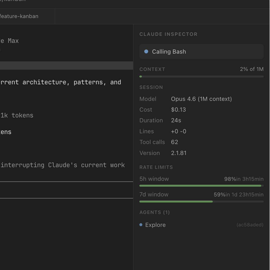 Claude Code Inspector panel showing session status, cost tracking, and tool calls